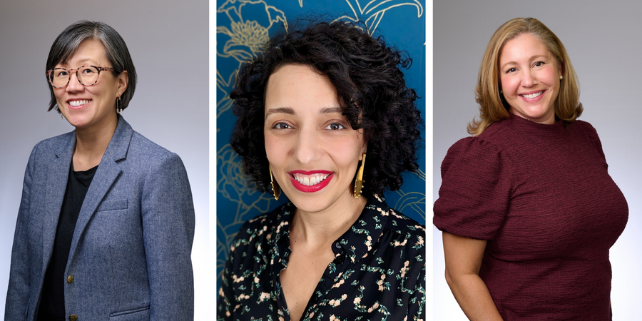 Shows headshots for three people