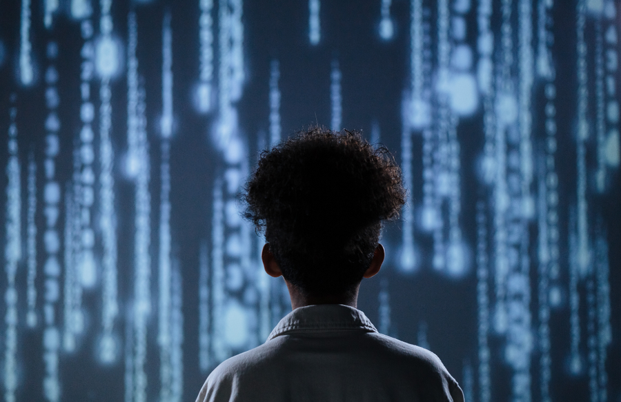 Boy looking off into AI background
