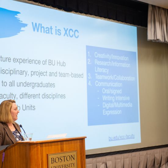 A faculty member stands at a podium with a projected slide on a large white board behind her.